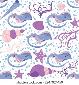 Stingray, Batomorphi sea life, fish, animals bright seamless pattern. sea travel, snorkeling with animals, tropical fish