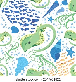 Stingray, Batomorphi sea life, fish, animals bright seamless pattern. sea travel, snorkeling with animals, tropical fish