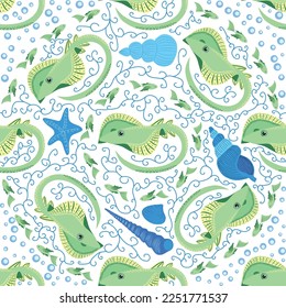 Stingray, Batomorphi sea life, fish, animals bright seamless pattern. sea travel, snorkeling with animals, tropical fish