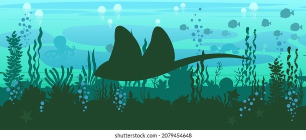 Stingray. Bottom of reservoir with fish. Silhouette. Blue water. Sea ocean. Underwater landscape with animals, plants, algae and corals. Illustration in cartoon style. Flat design. Vector art.