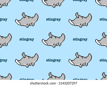 Stingray cartoon character seamless pattern on blue background.Pixel style