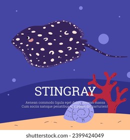 Stingray with coral and shell on seafloor vector illustration. Tropical fish poster with text. Underwater wild nature scene background.
