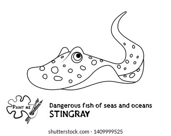 Stingray. Dangerous fish of seas and oceans. Coloring for kids. Vector