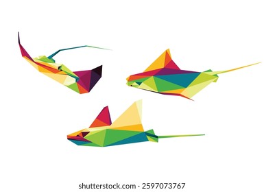 Stingray fish colorful polygon vector set. Colorful vector Collection of stingray fish. Abstract illustration of stingray fish