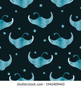 Stingray fish pattern. Vector sea background with watercolor manta rays