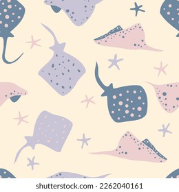 Stingray fish seamless pattern, sea life pastel shades background for textile