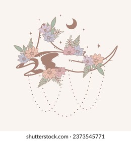 Stingray with flowers and abstract background, vector art