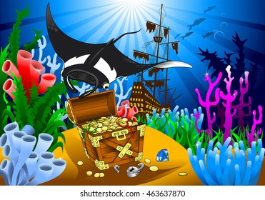 stingray has found the treasure on the seabed, vector