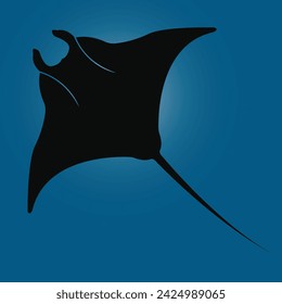 Stingray icon. Manta ray black silhouette isolated on blue background. Sea life symbol. Vector illustration