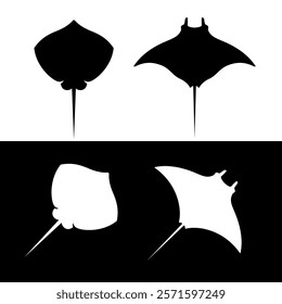 Stingray icon. Sea fish with a poisonous spine. Silhouette of a flat fish with a tail.