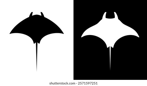 Stingray icon. Sea fish with a poisonous spine. Silhouette of a flat fish with a tail.