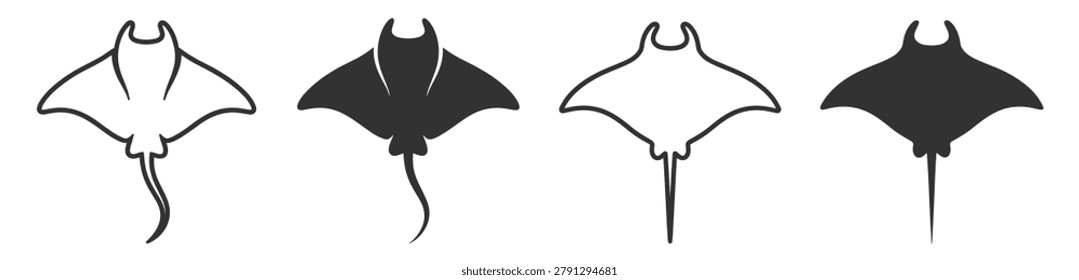 stingray icon set, vector illustration of aquatic animals on transparent background