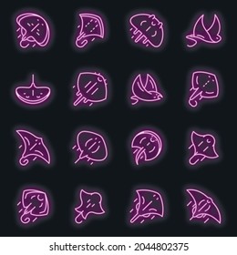 Stingray icons set. Outline set of stingray vector icons neon color on black