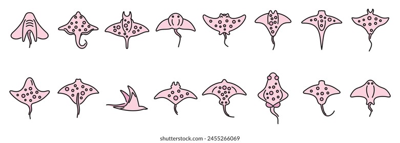 Stingray icons set outline vector. Ocean fish. Marine life thin line color flat on white