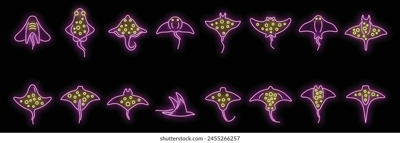 Stingray icons set outline vector. Ocean fish. Marine life neon color on black