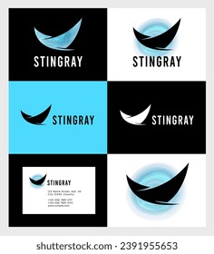 Stingray logo. Silhouette of stingray in watercolor blue circle. Sea life emblem. Identity. Business card.