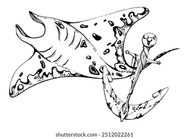 Stingray manta with anchor, Marine life, sea ocean underwater creatures animal, Ink and pen sketch hand drawn. Composition illustration, stylized, isolated on white. Shop, aquarium, cosmetics, resort