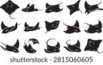 Stingray and manta ray silhouettes vector collection deep sea fish underwater wildlife shapes set ocean marine animal graphics layout on white background, stingray, manta, ray, fish, ocean, sea, silhouette, marine
