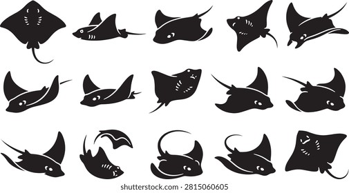 Stingray and manta ray silhouettes vector collection deep sea fish underwater wildlife shapes set ocean marine animal graphics layout on white background, stingray, manta, ray, fish, ocean, sea, silhouette, marine