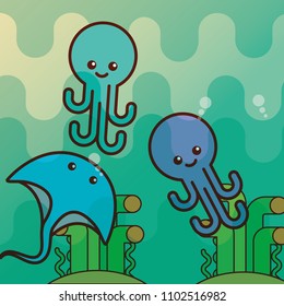 stingray octopus coral sea life cartoon
