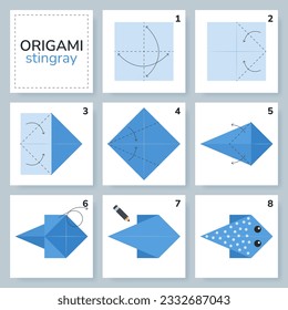 Stingray origami scheme tutorial moving model. Origami for kids. Step by step how to make a cute origami marine ray. Vector illustration.