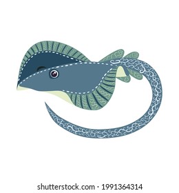 Stingray sails fish on a white background. illustration on a sea theme in a cartoon childlike style. Scandinavian style