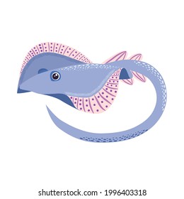 Stingray sails fish on a white background. illustration on a sea theme in a cartoon childlike style. Scandinavian style