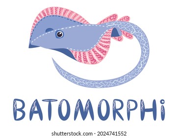 Stingray sails fish on a white background. illustration on a sea theme in a cartoon childlike style. Scandinavian style