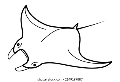 Demonio marino de Stingray. Logo monocromo de un animal marino. El rayo de Manta se dibuja a mano en forma de doodle. Icono de contorno aislado lineal. La página del libro de colorear.