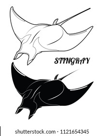 Stingray silhouette and outline. Isolated stingray on white background. Vector illustration