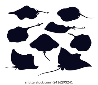 Stingray silhouettes collection. Shapes of flat sea fish with sting tail swimming underwater. Isolated vector illustration elements set.
