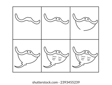 Stingray. Step by step drawing. Coloring page, coloring book page. Black and white vector illustration.