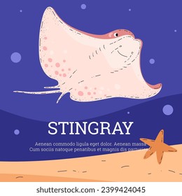 Stingray swimming underwater close to seafloor with starfish vector illustration. Cute fish character with sting tail on the depth blue sea background bottom view. Marine wildlife scene.