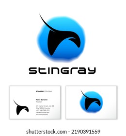 Stingray symbol. Silhouette of stingray in watercolor blue circle. Business cards. Symbol can use for diving club, diving equipment, swimming clothes. 