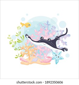 Stingray Vector Clip Art Illustration. Cute cartoon character. Sea life colorful background	
