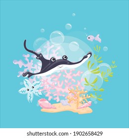 Stingray Vector Clip Art Illustration. Cute cartoon character. Sea life colorful  blue background