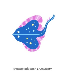 Stingray vector illustration for kids. Cute blue stingray underwater creature isolated on white background
