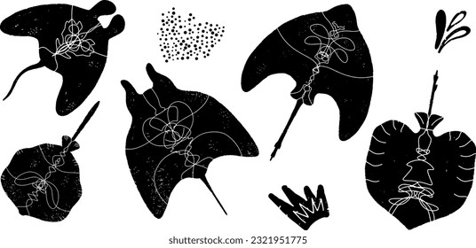 Stingrays, siluetas negras de animales marinos. Grunge la textura monocromática en el estilo de linocut. Conjunto vectorial de elementos.