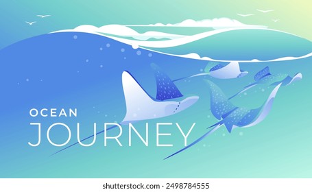 Stingrays on blue water. Tropical vacancy. Tourism and travel. Blue clear water. Scuba diving. Vector illustration