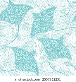 Stingrays and sea creatures on waves background. Art seamless pattern on a marine theme. Vector. Perfect for wallpaper, wrapping, fabric, print and textile. 