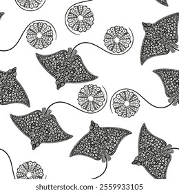 Stingrays and sea urchins. Stylish black and white seamless pattern on a marine theme. Vector hand-drawn illustration.  Silhouettes. Perfect for design templates, wallpaper, wrapping, fabric, print.