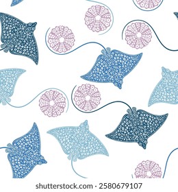 Stingrays and sea urchins. Stylish seamless pattern on a marine theme. Vector hand-drawn illustration.  Color silhouettes on white. Perfect for design templates, wallpaper, wrapping, fabric, print.