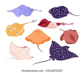 Stingrays, set of vector illustration isolated on white background, drawn in flat cartoon style. Collection of sea animals simple icons. Characters for children design, sea underwater life elements