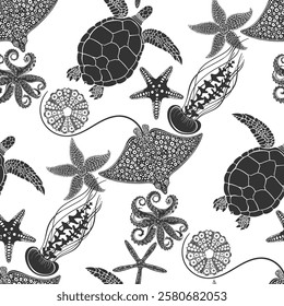 Stingrays, turtles, starfish, sea urchins, jellyfish and octopuses. Stylish seamless pattern on marine theme with hand-drawn sea creatures. Black silhouettes on white. Vector.