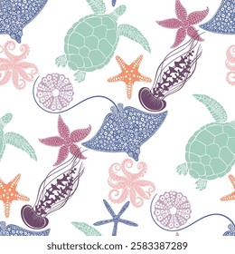 Stingrays, turtles, starfish, sea urchins, jellyfish and octopuses. Stylish seamless pattern on marine theme with hand-drawn sea creatures. Multicolored vector silhouettes on white. Vector.