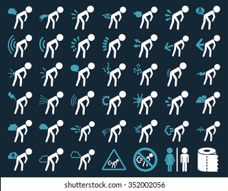 Stink boys vector icon set. Style is bicolor flat symbols, blue and white colors, rounded angles, dark blue background.
