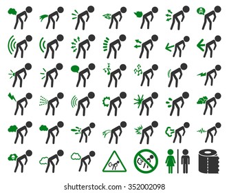 Stink boys vector icon set. Style is bicolor flat symbols, green and gray colors, rounded angles, white background.