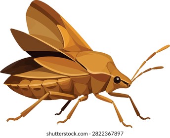 stink bug with raised forewings, side profile facing right, full body insect, pest, vector illustration