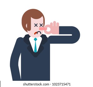 Stink Man Close nose. Guy and Bad smell. Vector illustration