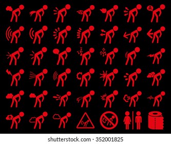 Stink sick children vector icon collection. Style is flat symbols, red color, rounded angles, black background.